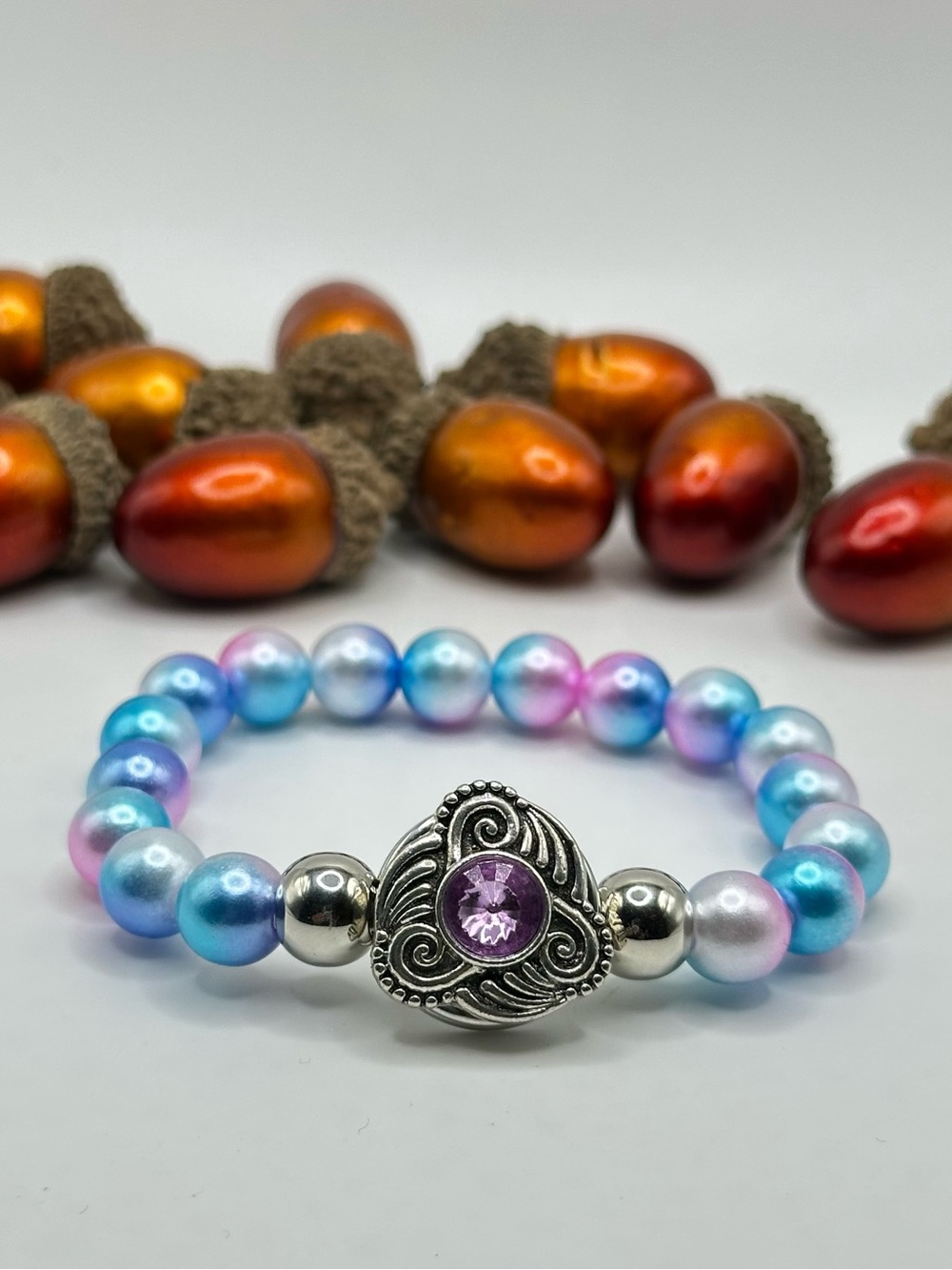 Snap Jewelry Blue & Pink Pearl Bracelet & 18mm Retro Silver Pink Ginger Snap NWT